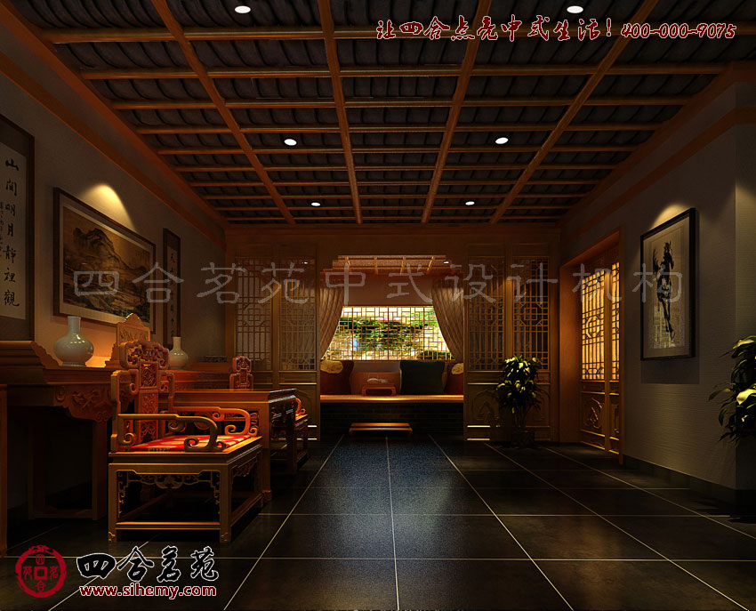 掛畫(huà)瓷瓶家私點(diǎn)染并豐富設(shè)計(jì)語(yǔ)匯 茶樓房間裝修配飾效果圖