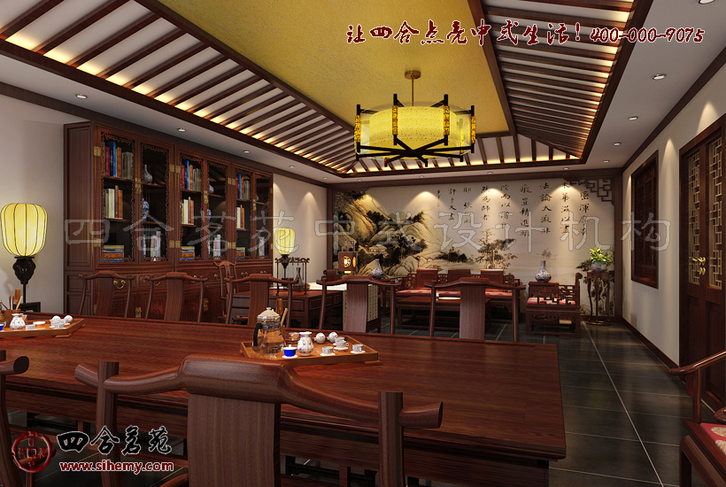 茶室溫馨的書畫氛圍 新四合院簡單茶樓裝修設計